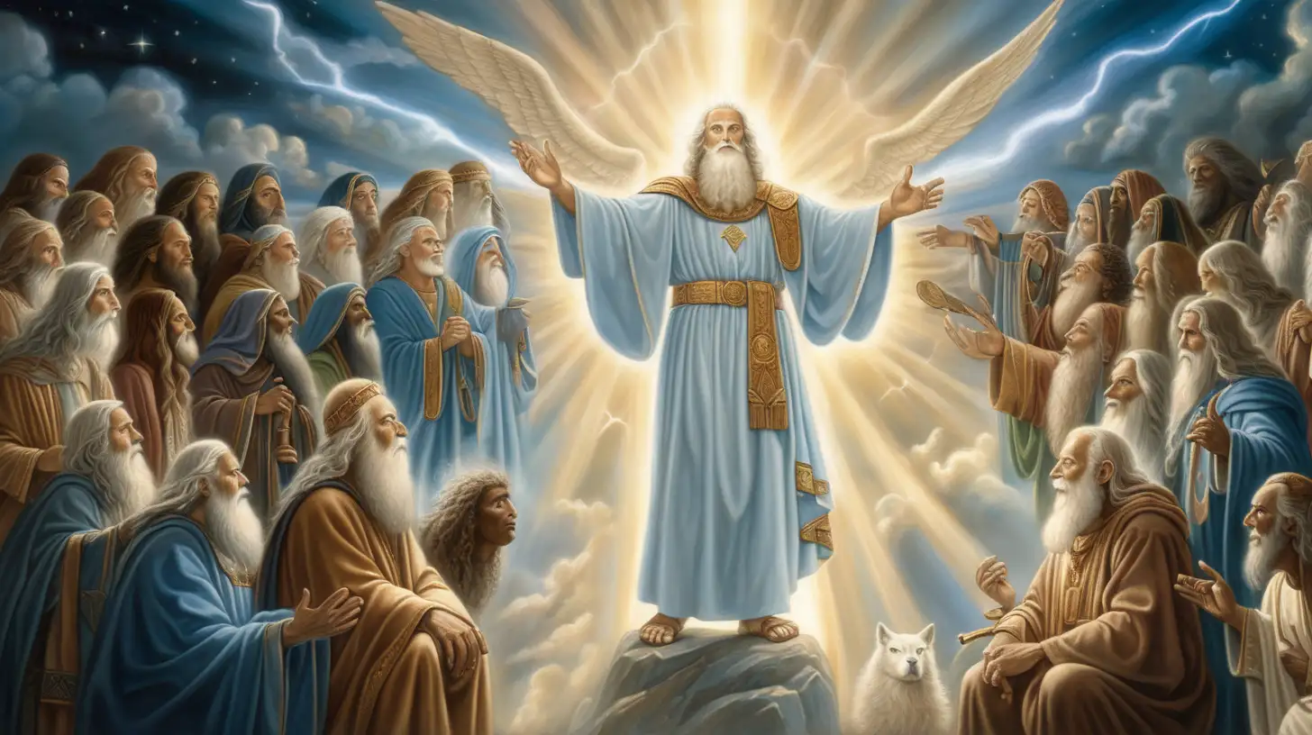 Depict Enoch in heaven, framed against a darkened celestial background, with spiritual lightning illuminating the scene. Show Enoch surrounded by the welcoming figures of his ancestors, their faces aglow with a soft, otherworldly light. This moment captures Enoch's awe and the profound spiritual energy of his arrival in the eternal realm.