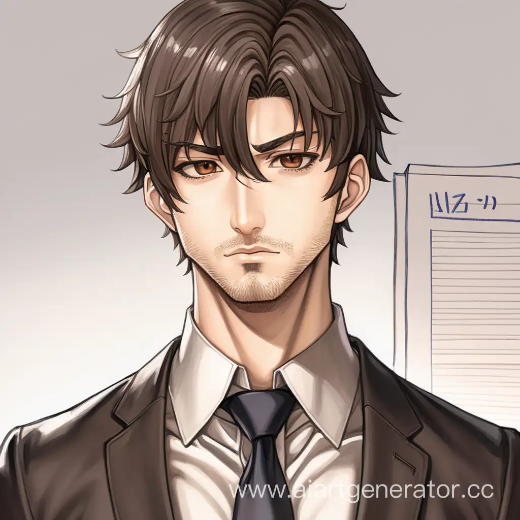 1 man, 28 years old, (short dark brown hair), dark brown eyes, light stubble, tired, tired eyes, (bags under the eyes), (scar on the chin), muscular body, black shirt, fluffed tie, waist-high, office, anime style, less detailed drawing