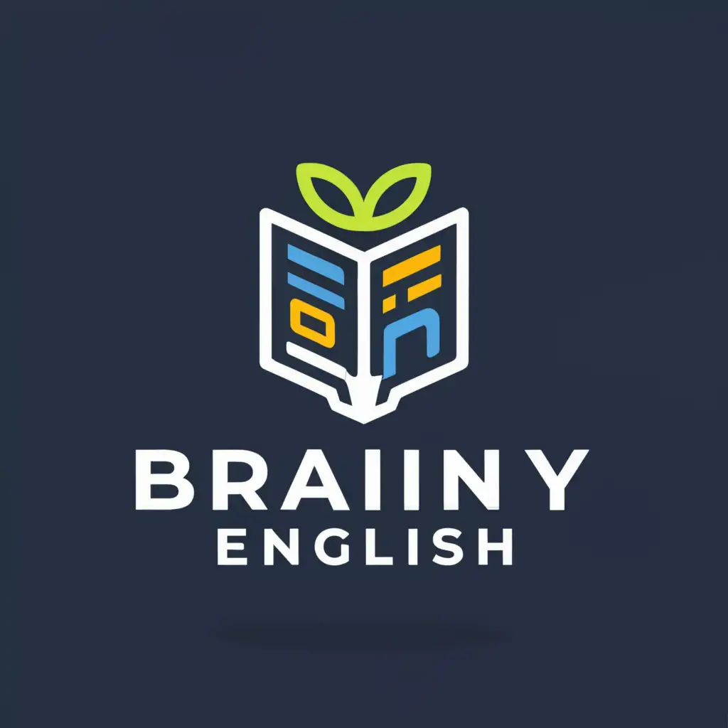 a logo design,with the text "BRAINY ENGLISH", main symbol:Book, English, Sprout, Growing, Background: Navy color,Minimalistic,be used in Education industry,clear background