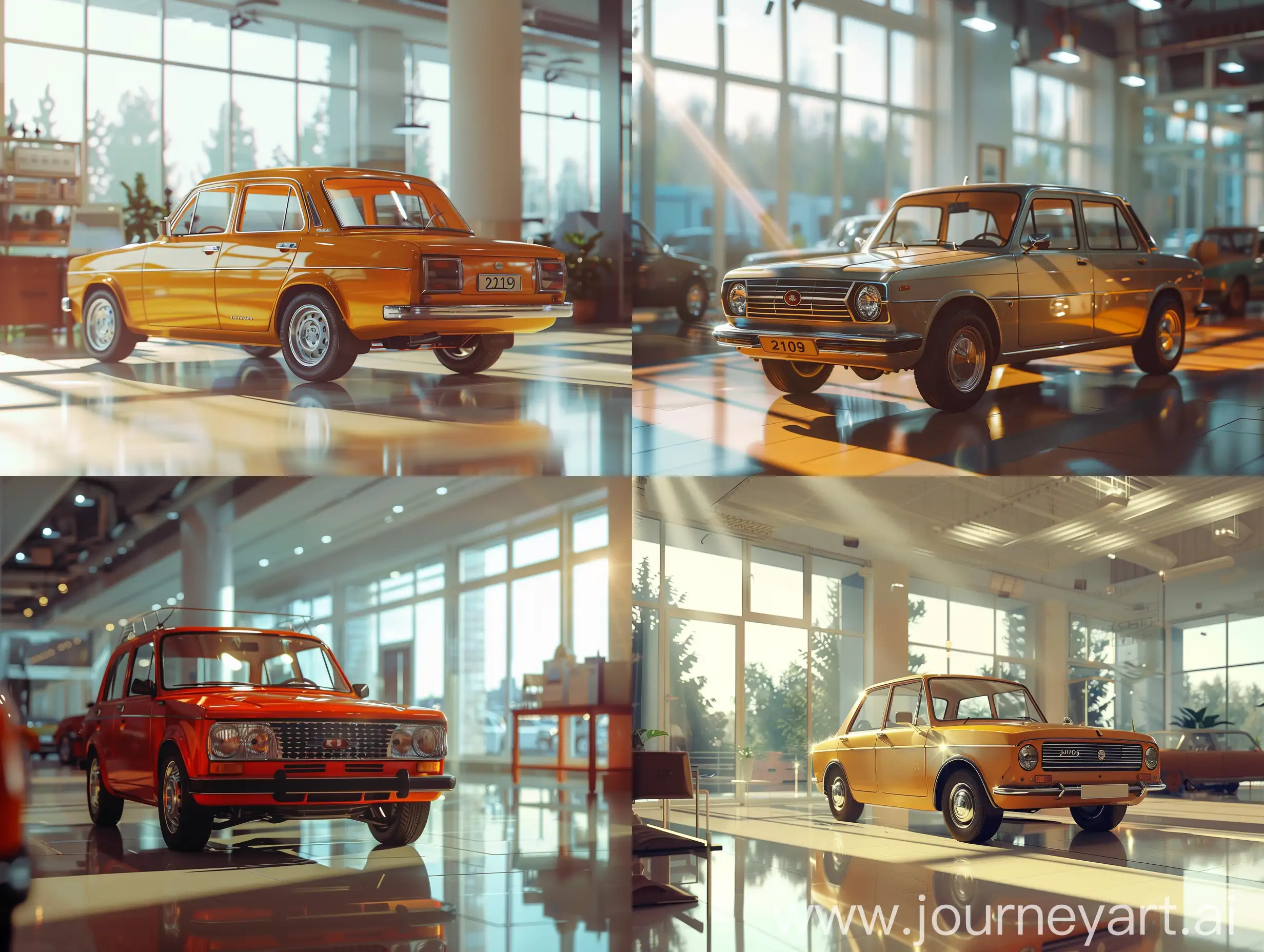 Lada 2109 car with sun light in a showroom, multi-layered, rounded, neo-plasticist, ue5