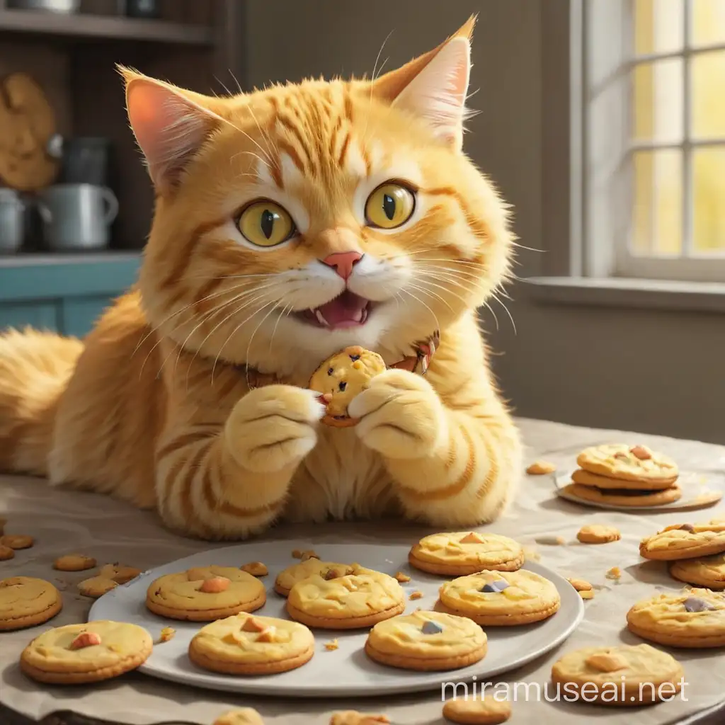 Un gato amarillo comiendo galletas