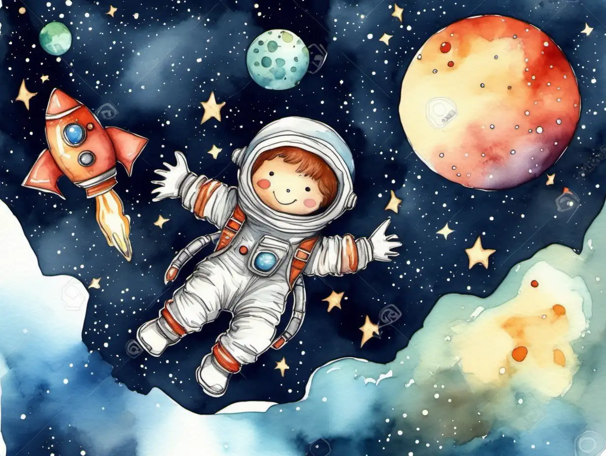 Adorable Space Exploration Cute Astronaut in Rocket Soaring through Watercolor Galaxy