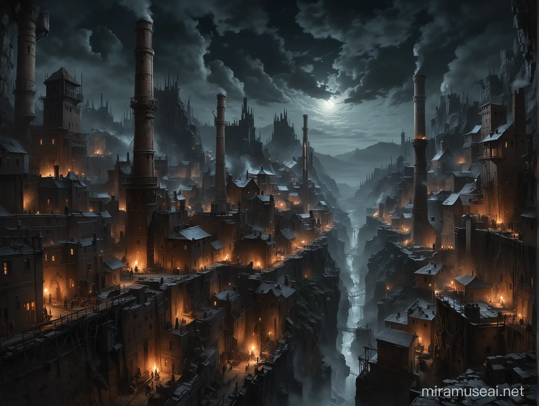 medieval, beautiful, gothic, industrial, smoke stacks, intricate, deep ravine at night, The sky is barely visible from the bottom, The ravine walls are lined with endless tightly packed buildings, They extend far above, canyon-like urban landscape, darkness obscures the bottom of the ravine, mystery, depth, poor, poverty, dark, imposing, oil painting, bold brush strokes, impressionist style
