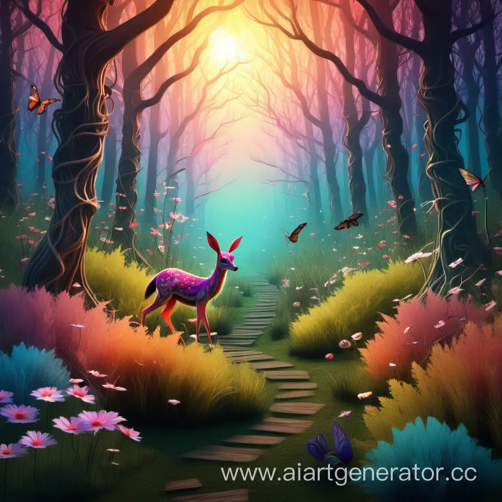 утро в моменте, рассвет, сказочный цветущий лес, необычный красочный реалистичный зверек