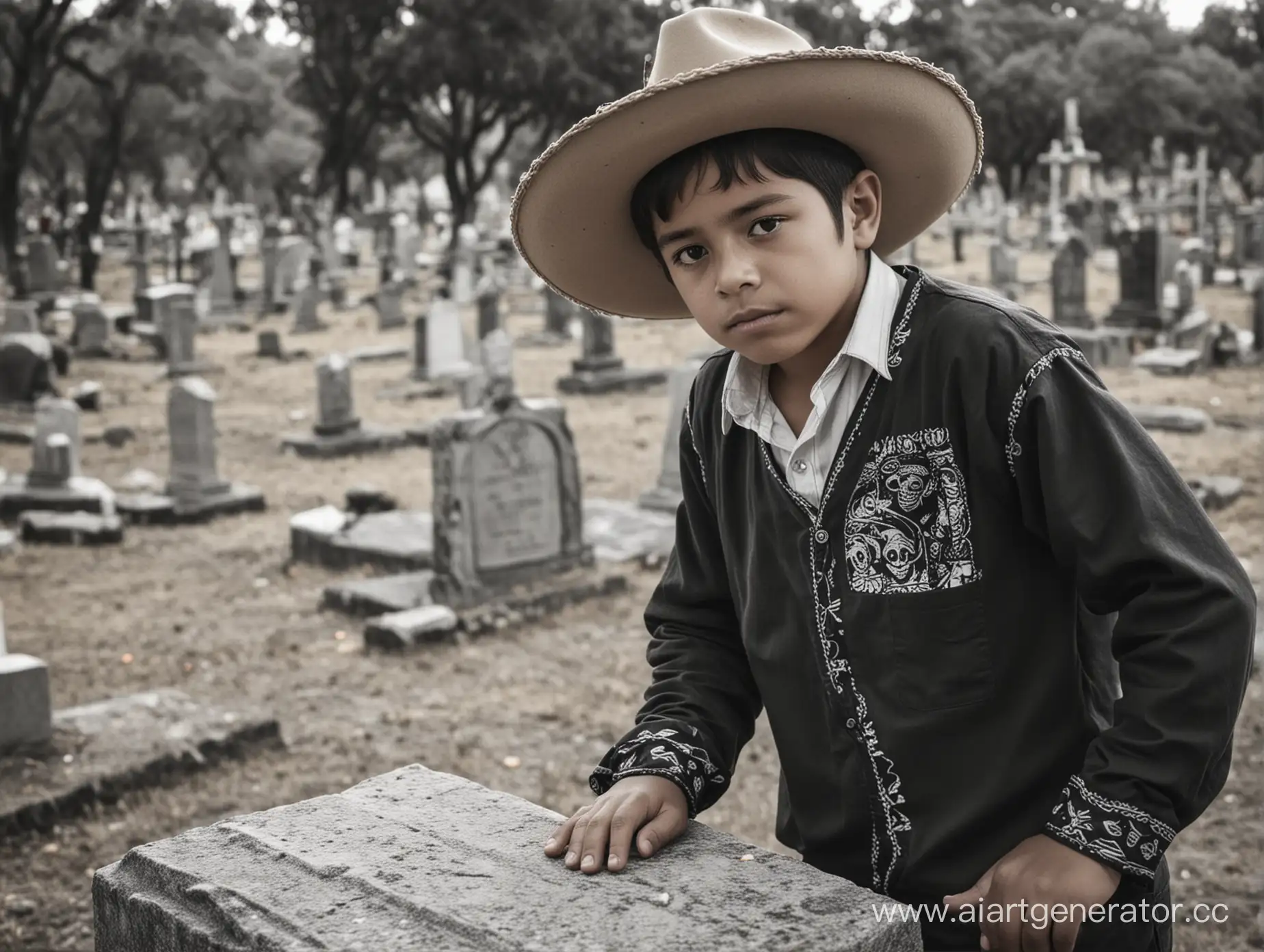 Mexican-Boy-in-Traditional-Hat-Celebrating-Day-of-the-Dead-at-Cemetery