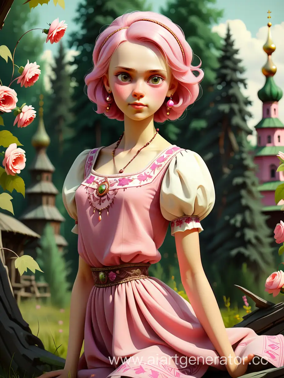 Old Russian boyar girl in a pink long short hair dress background Russian nature summer