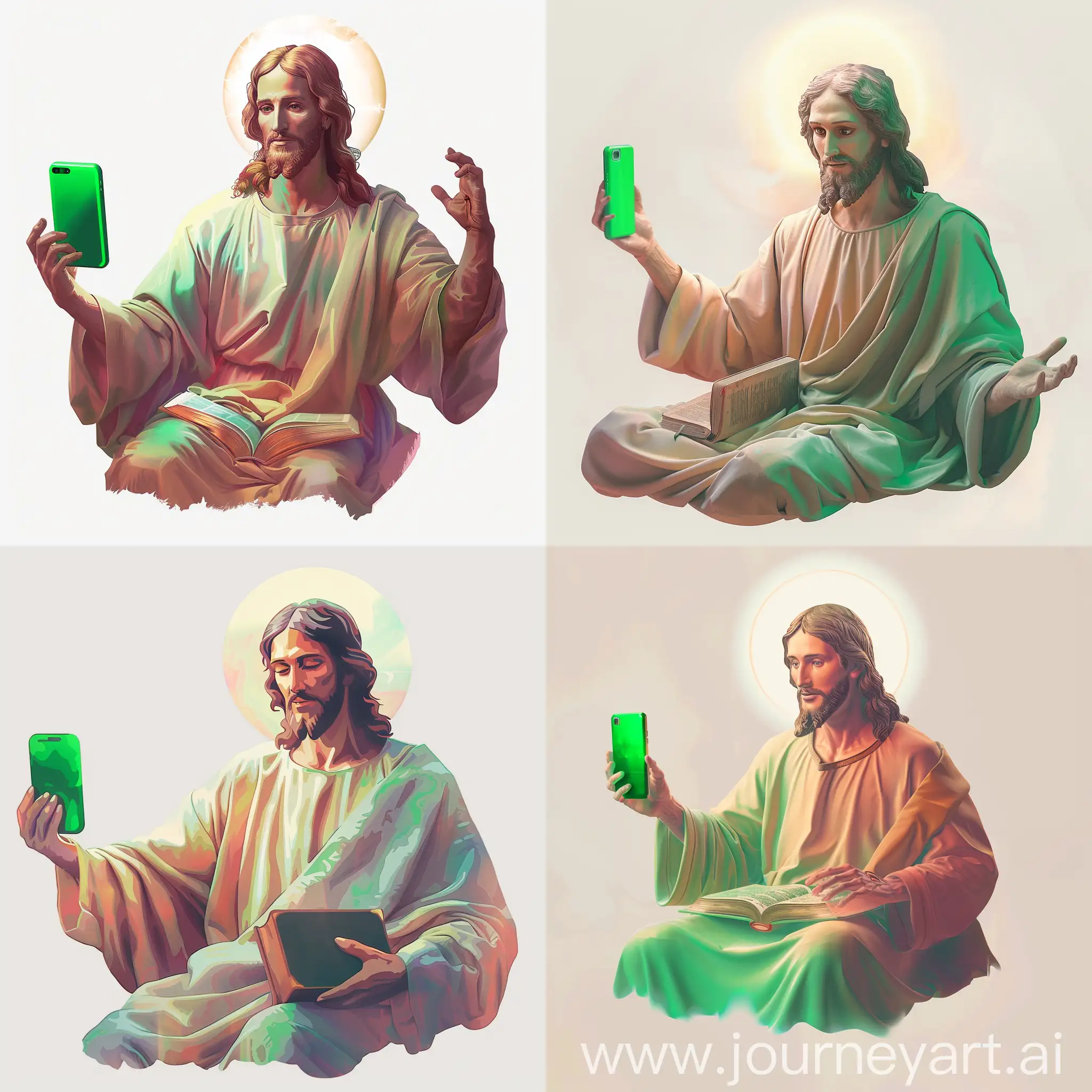 https://www.divino.ai/_next/static/media/f5QKz6MN3228572Wie8Transformed2Png.4d22ead1.png The overall color palette should consist of soft hues with white (#FFFFFF) background and no corners.

The figure of Jesus Christ, stylized yet identifiable, is placed on the center of the image. He is seated comfortably, dressed in a simple robe filled with calming, earthy tones.  His hands rest gently on the bible in his lap. Nobody else can be seen.

His face, larger than in the previous version, takes up a good portion of the center-right of the image. His eyes are clear and kind, looking directly towards the viewer, establishing a strong visual connection.

A soft, warm light illuminates his face, subtly forming a halo around his head. The light is more pronounced on his face, highlighting his peaceful and inviting expression.

Add a detail of one hand raised slightly, the palm open and facing the viewer, in a calming and welcoming gesture while holding a green smartphone.

The image should be void of unnecessary details to keep the focus on the figure of Jesus Christ, portraying him as a therapist in a modern, stylized, yet relatable manner. 