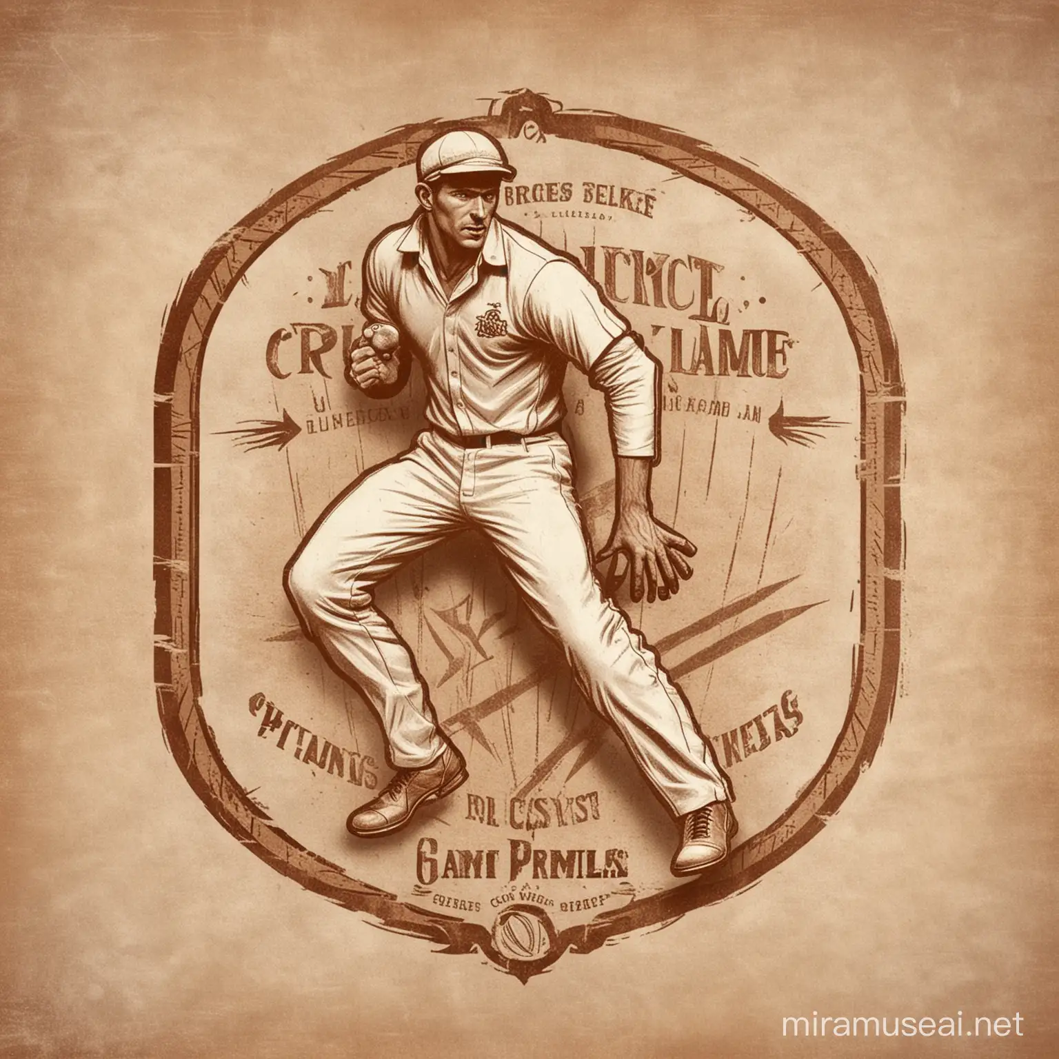 A vintage-style cricket league logo featuring a classic fast bowler in whites, bowling a delivery with two fallen wickets. The logo has a weathered leather texture.