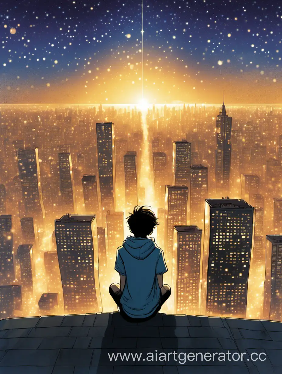 Обложка к книге "тысяча и одно желание".  На обложке ночное небо, сидящий подросток на краю высотки, смотрящий на большой город в золотых огоньках.