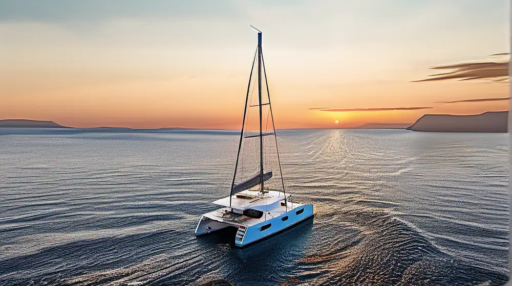 photorealistic photo of a catamaran lagoon 450   anchored  near the island of Santorini with a sunset backdrop 