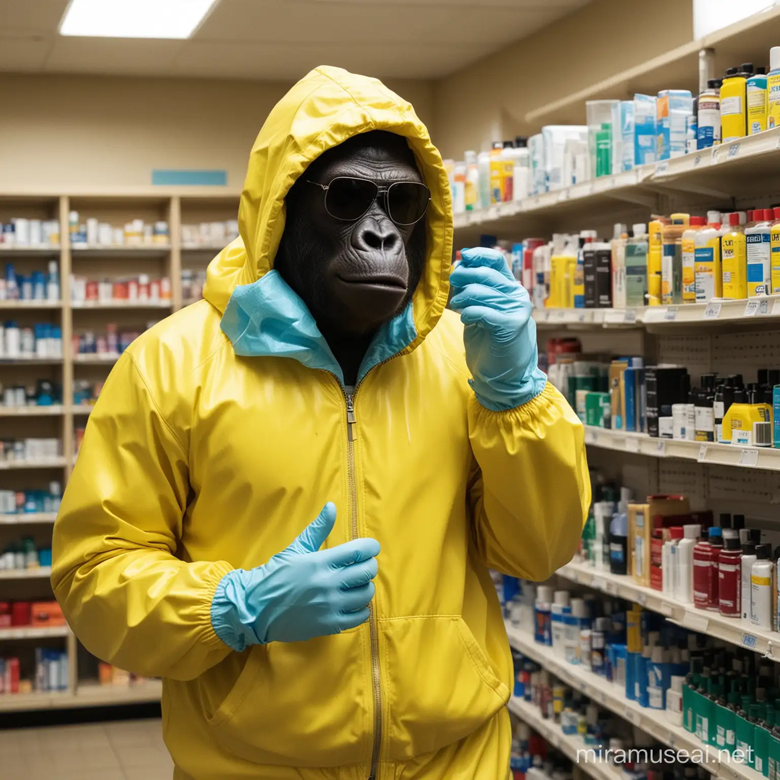 Gorilla wearing yellow tracksuit like in Breaking Bad tv series, standing inside a pharmacy. He is also wearing sunglasses and a red oxygen mask. He wears light blue latex gloves and a yellow hoodie is covering his head