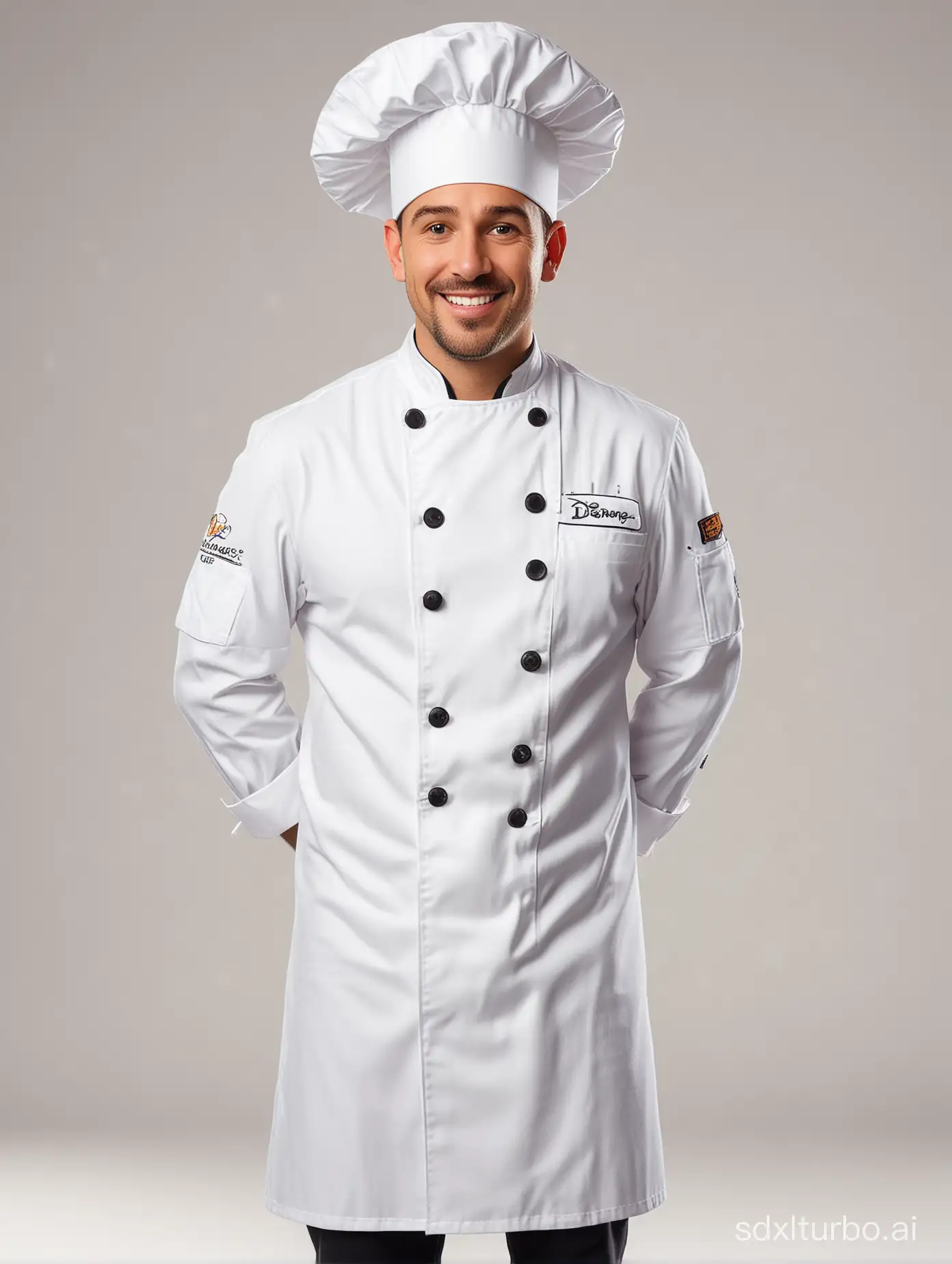 一位以迪士尼风格呈现的厨师，身着专业的厨师服，站在明亮的白色背景前。他的外表栩栩如生，展现出迪士尼式的卡通形象。厨师身穿整洁的厨师服，带着一顶标志性的厨师帽