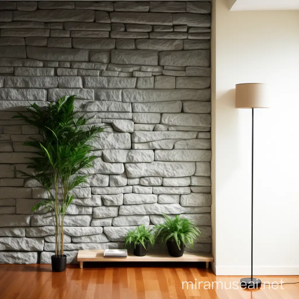 Minimalist Interior Design Gray Stone Wall with Shelf and Green Plants
