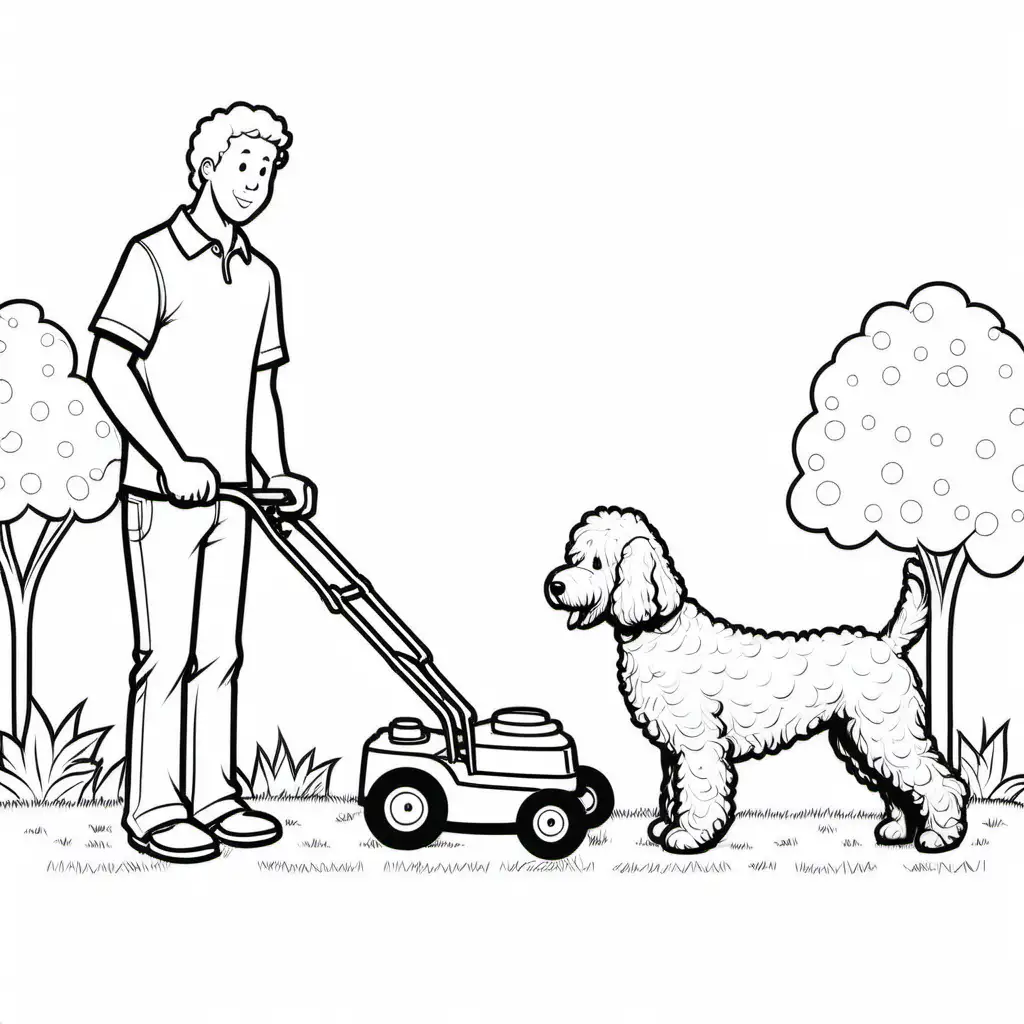 A man mowing the grass standing next to a goldendoodle and birthday cake, Coloring Page, black and white, line art, white background, Simplicity, Ample White Space. The background of the coloring page is plain white to make it easy for young children to color within the lines. The outlines of all the subjects are easy to distinguish, making it simple for kids to color without too much difficulty