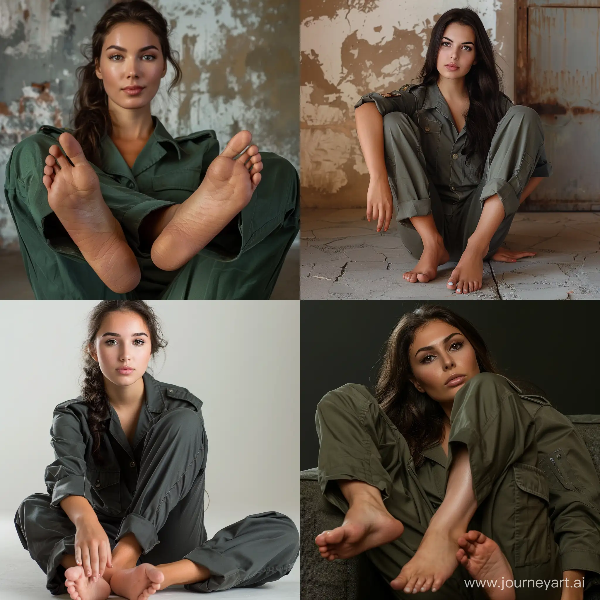 Realistic-Portrait-of-a-Beautiful-Brunette-Woman-in-Uniform-with-Bare-Feet-Soles