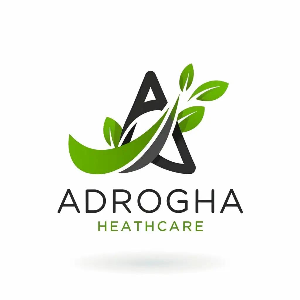 a logo design,with the text "adrogha healthcare", main symbol:A, leaves,Minimalistic,be used in Medical Dental industry,clear background