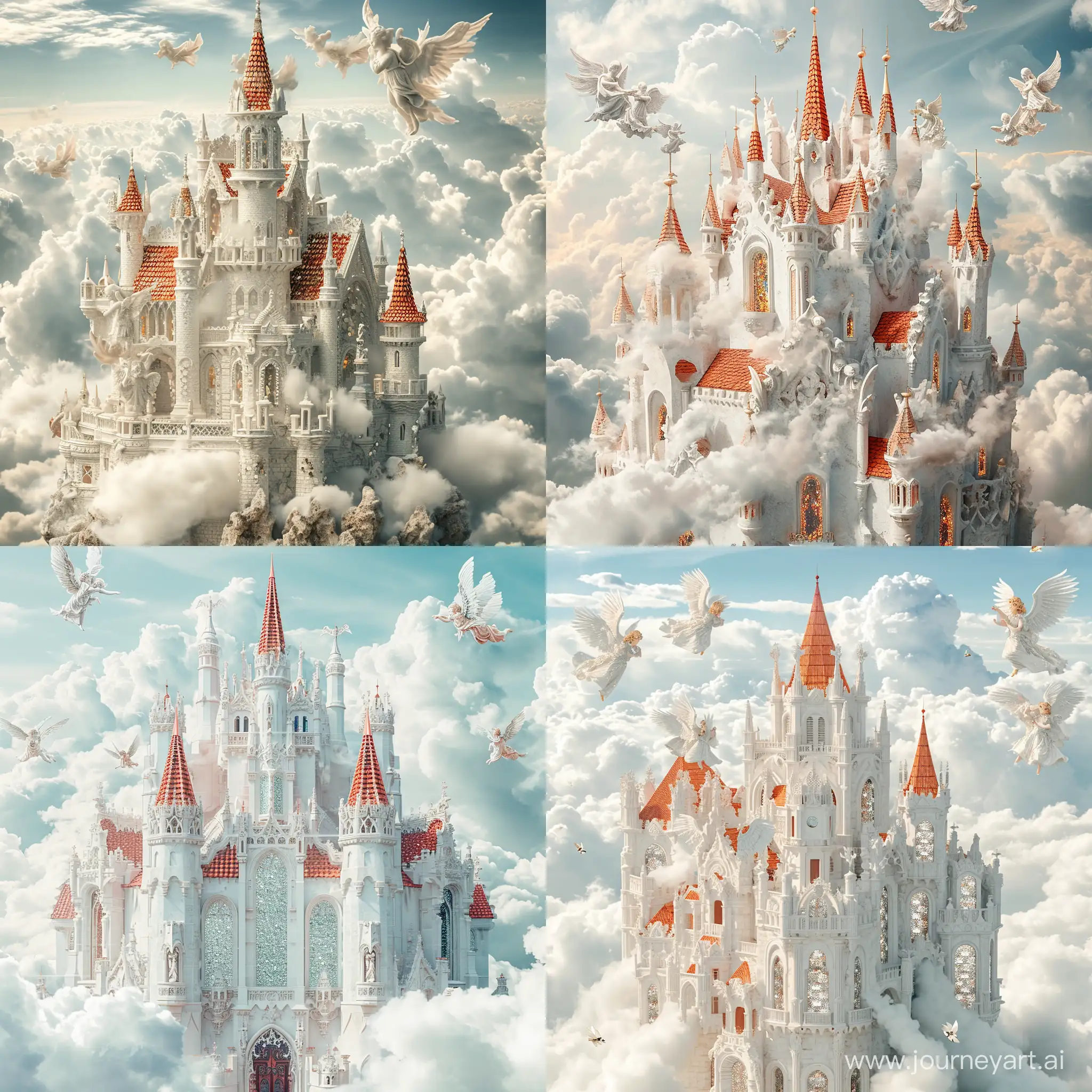 a photo of a very beautiful white castle with clouds all around, close up, a magnificent castle with beautiful windows made of shiny precious stones,red tiles and pointed roof,with beautiful angels flying around the castle,angels beautiful