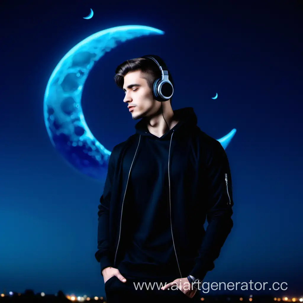 Stylish-Man-in-Headphones-Amidst-Enchanting-Blue-Moon