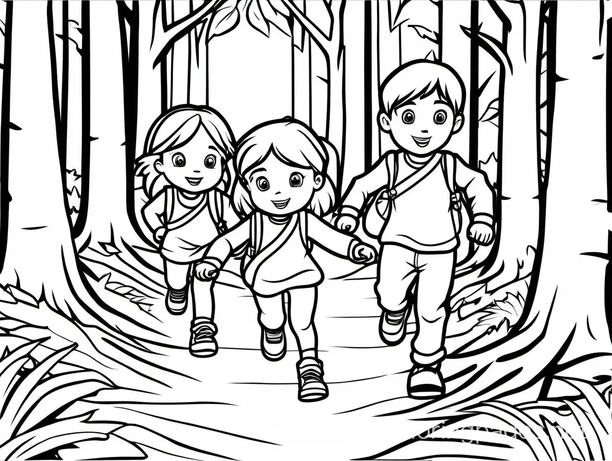 Coloring page of 1 boy and 2 girls playing in the woods, Coloring Page, black and white, line art, white background, Simplicity, Ample White Space. The background of the coloring page is plain white to make it easy for young children to color within the lines. The outlines of all the subjects are easy to distinguish, making it simple for kids to color without too much difficulty
