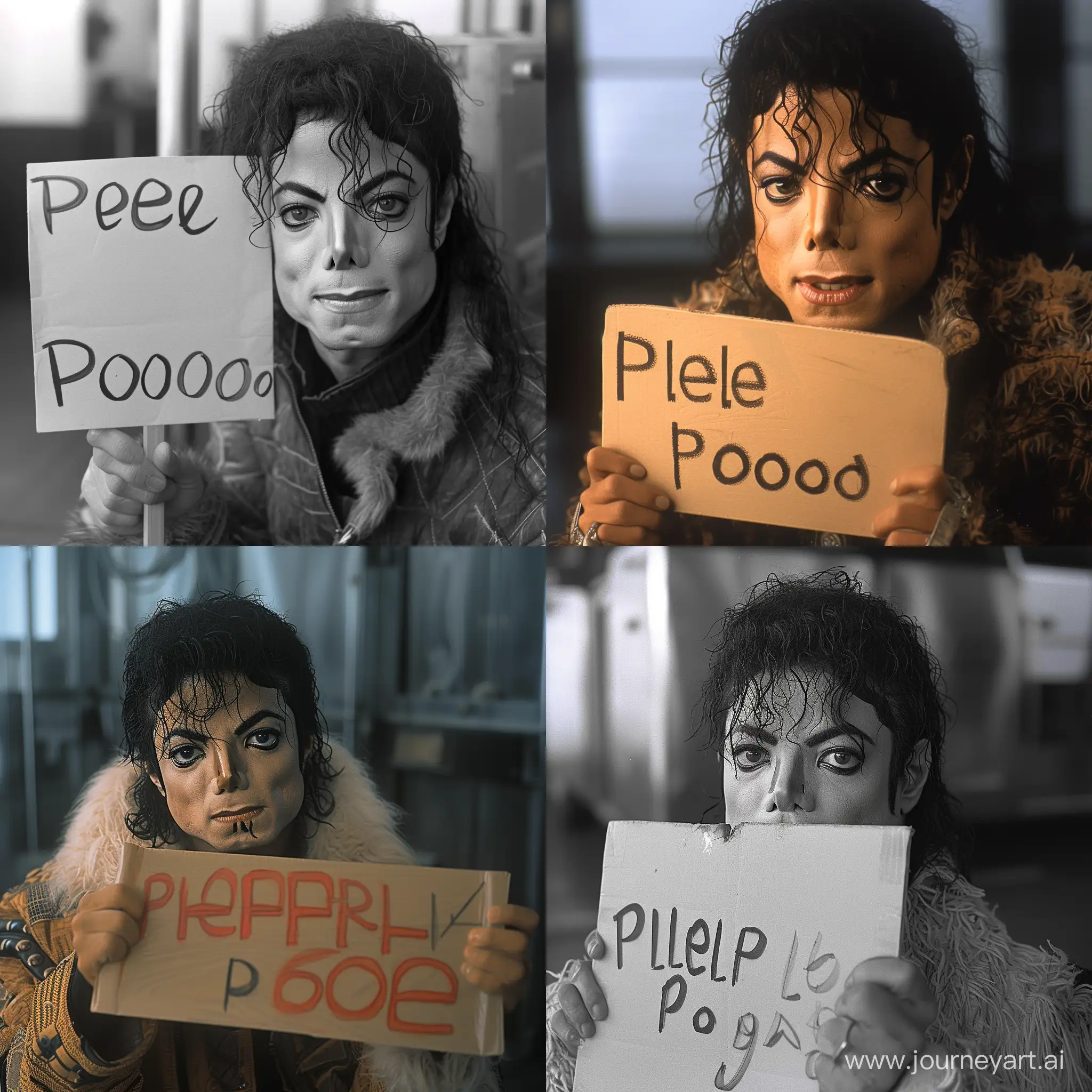 Michael Jackson  holding a sign that says "Please Pookie"