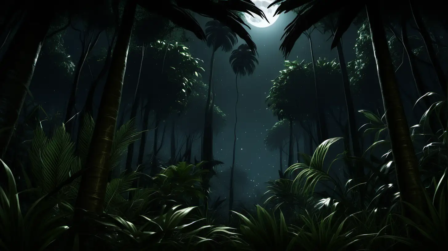 a junge, jungle tall trees, night time, super realistic, clean