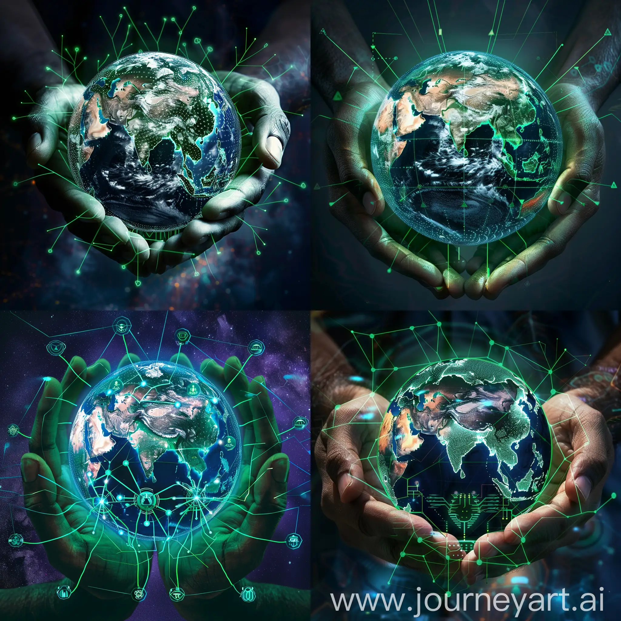 Earth with India facing surrounded by digital neural networks, suported on green and automated hands.