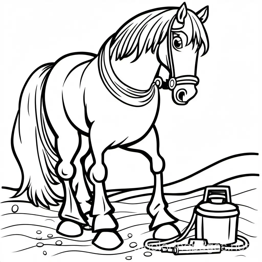 horse vacuum cleaning up, Coloring Page, black and white, line art, white background, Simplicity, Ample White Space. The background of the coloring page is plain white to make it easy for young children to color within the lines. The outlines of all the subjects are easy to distinguish, making it simple for kids to color without too much difficulty