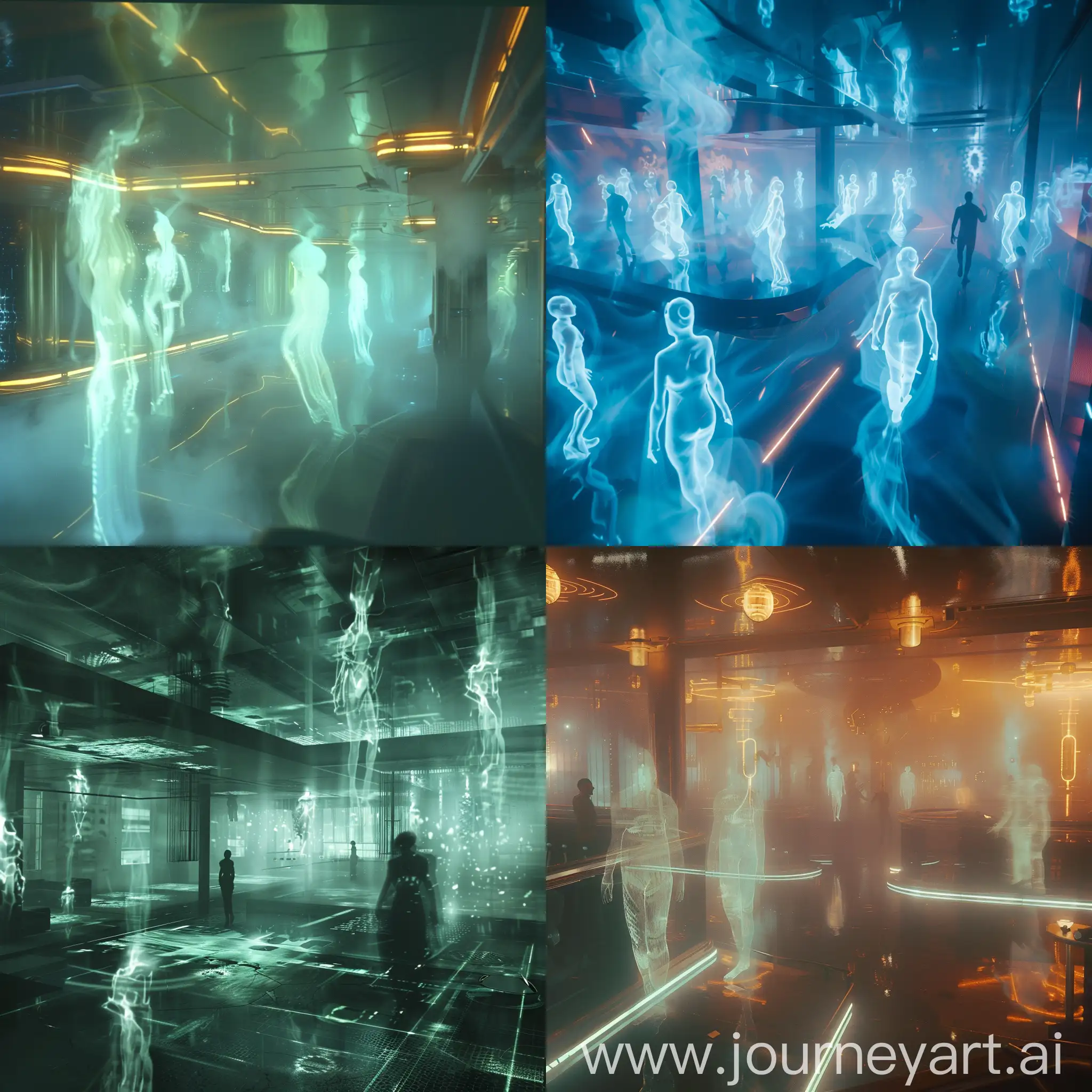 a dimly lit room with a futuristic ambiance. the air is filled with an ethereal glow as hologramic figures flicker and dance around the space. the room is mysterious and filled with anticipation.