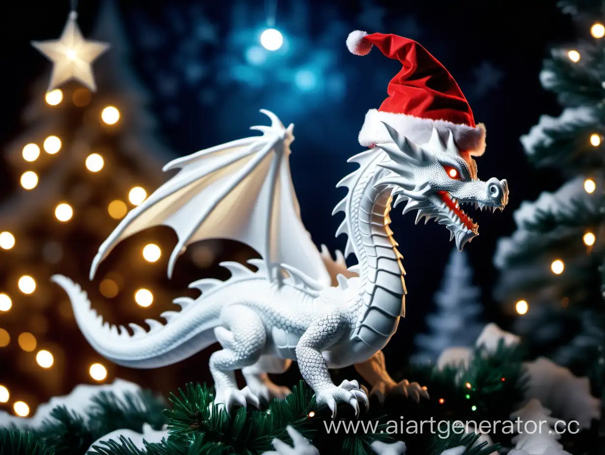 Белый дракон в колпаке Санты на фоне  рождественской ели с гирляндой в зимнем лесу ночью.