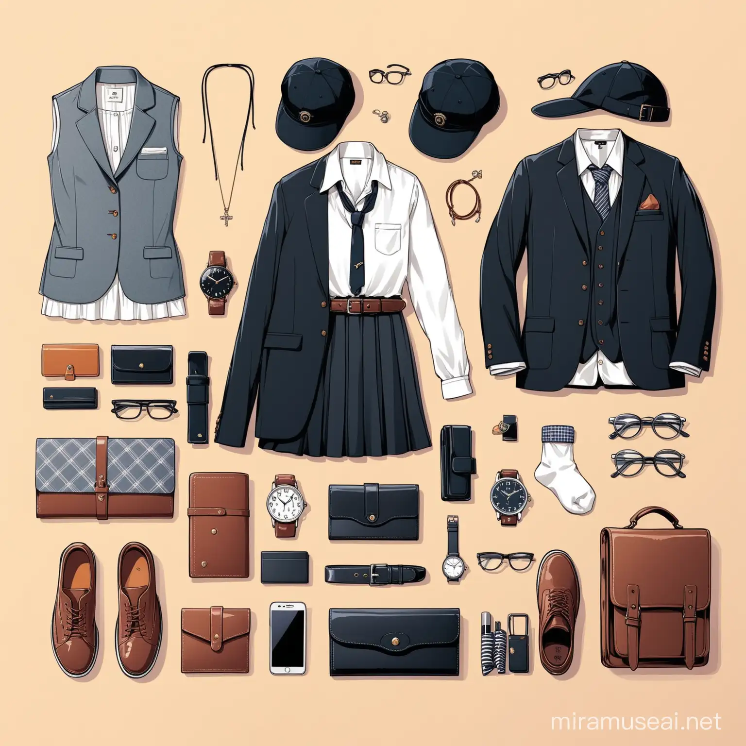 Knolling. Clothes and accesories. Gloves, scarf, skirt, blouse, shirt, cap, hat, glasses, earrings, necklace, hat, watch, pyjamas, dress, suit, black belt, wallet, jumper, tie, boots, sneakers, socks