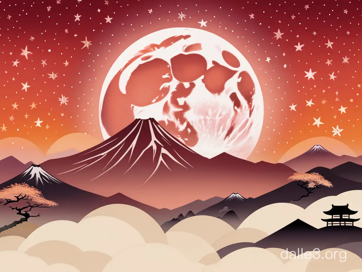 Фон большая луна, звезды, горы, японский стиль, красные и оранжевые оттенки