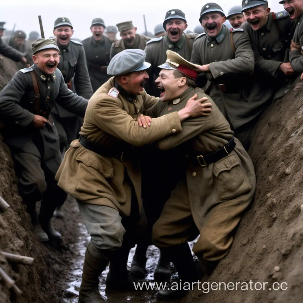 Рождественское перемирие 1916 год Немецкие и Русские солдаты выходят из окопов и обнимаются обмениваются подарками и радуются
