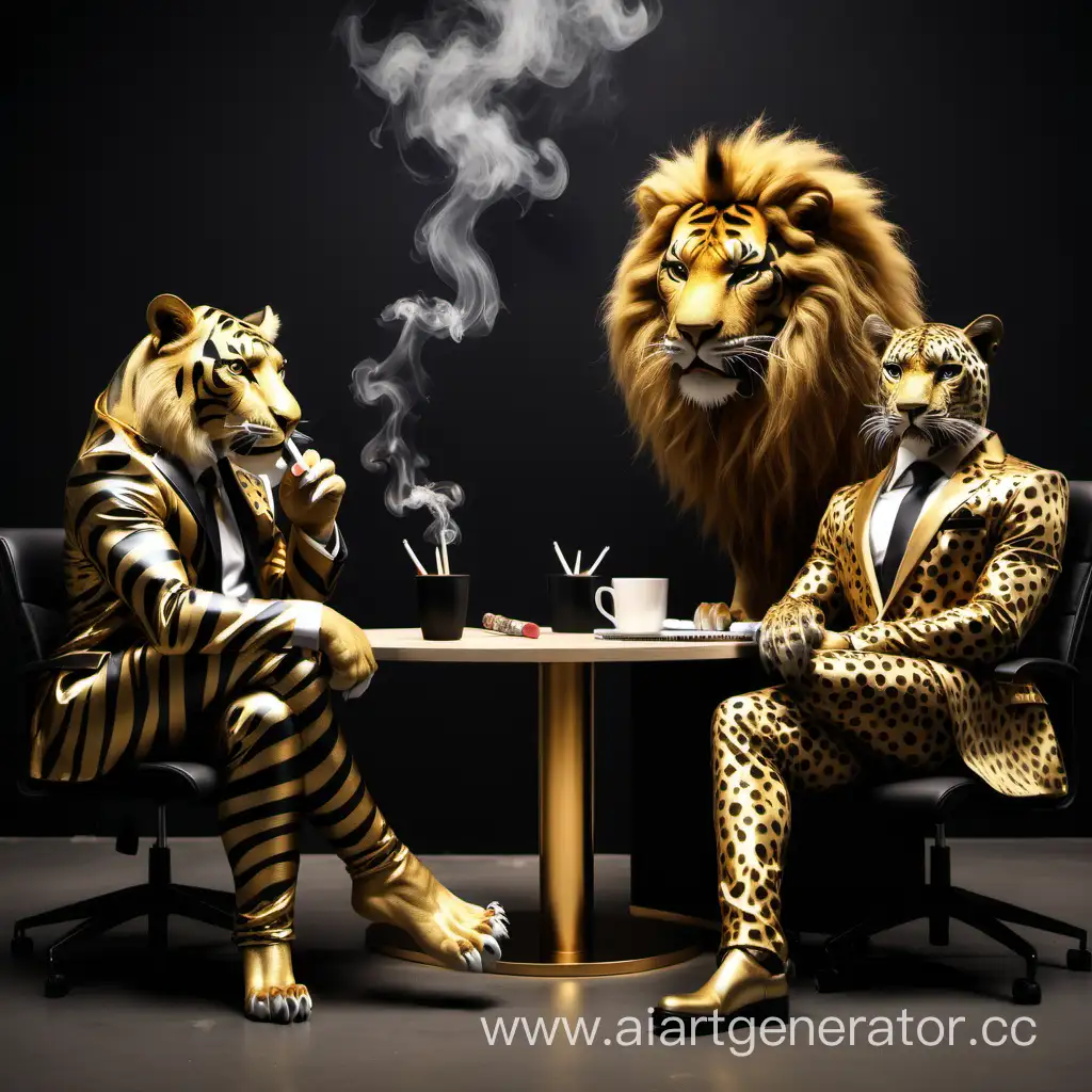 Regal-Big-Cats-Enjoying-a-Posh-Office-Smoke-Break-on-Black-and-Gold-Background