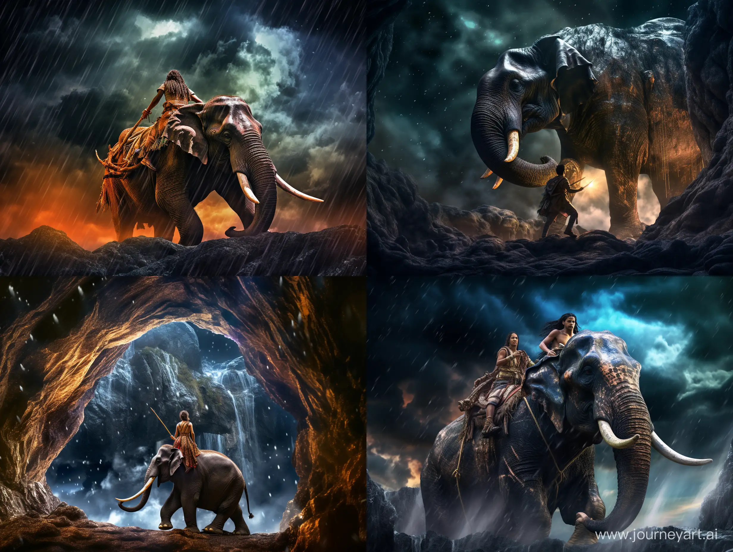 Persian-Knight-Riding-Frantic-Giant-Mammoth-Through-Stormy-Night-Cave