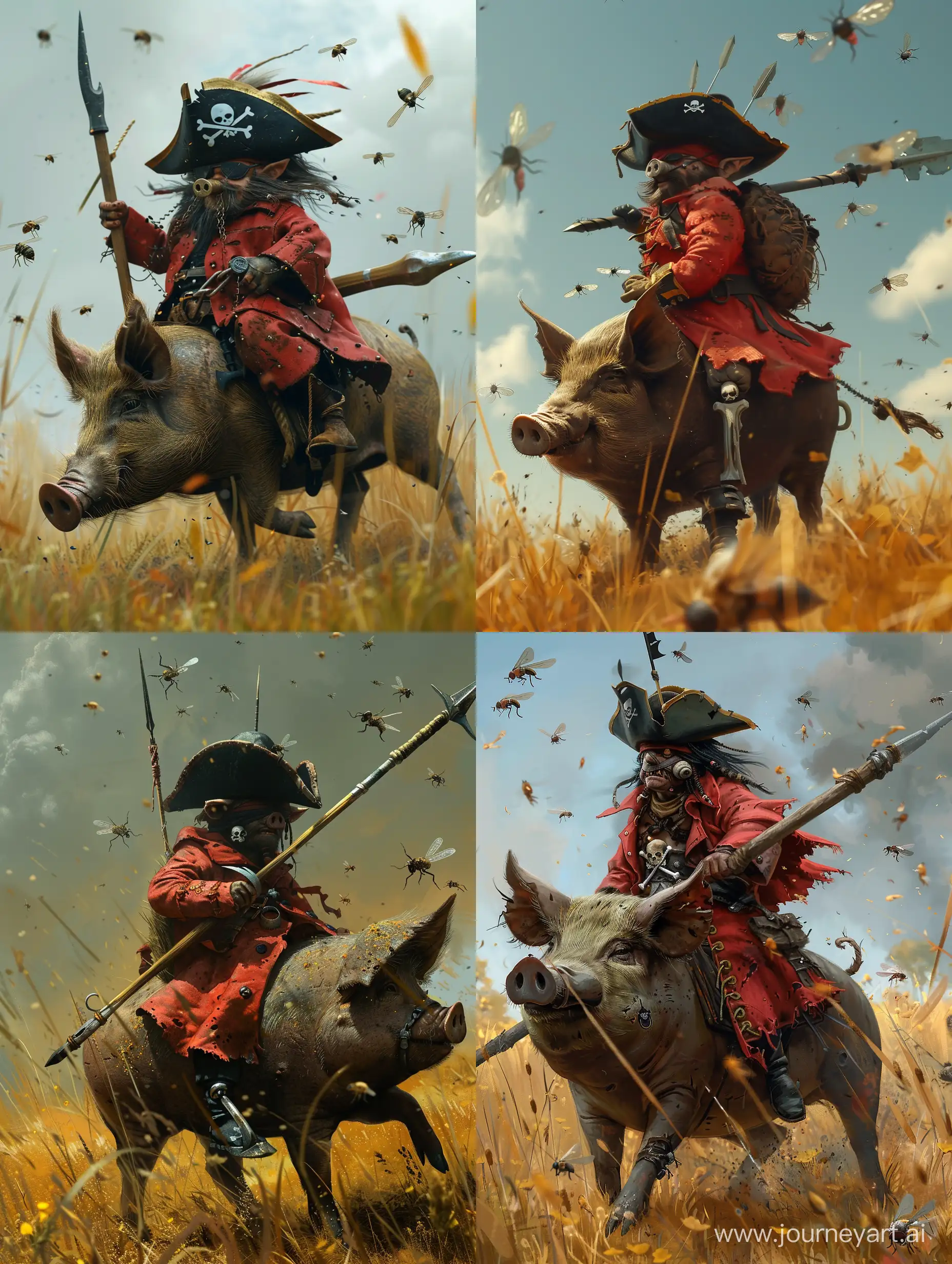 Small mean pirate hobbit riding a dirty pig in a field. Wearing oversized red coat and black pirate hat. 1 Peg leg. Holding a cutlass. Flies buzzing around him. Large spear on his back. 