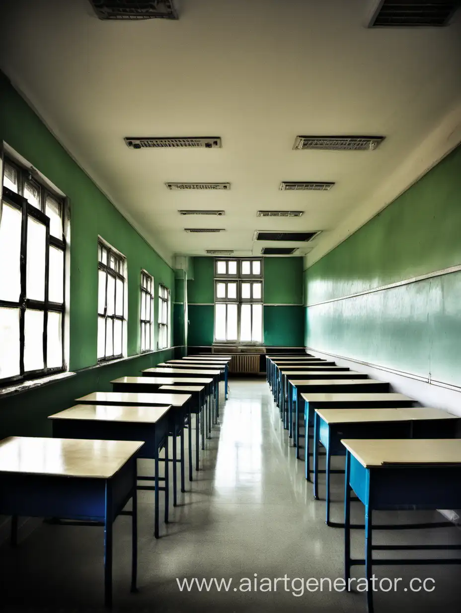 Empty-Classroom-with-Row-of-Desks-and-Windows