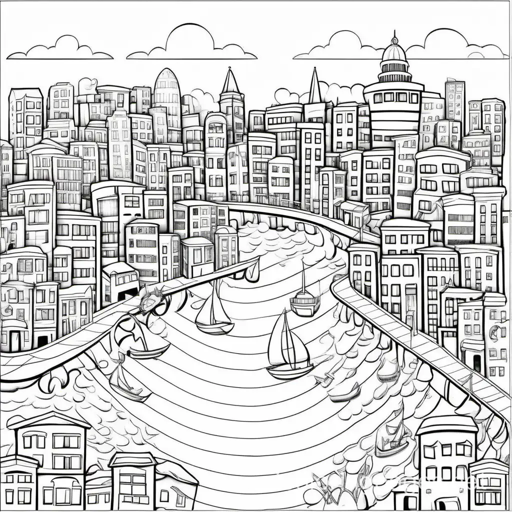 a city by the sea, Coloring Page, black and white, line art, white background, Simplicity, Ample White Space. The background of the coloring page is plain white to make it easy for young children to color within the lines. The outlines of all the subjects are easy to distinguish, making it simple for kids to color without too much difficulty