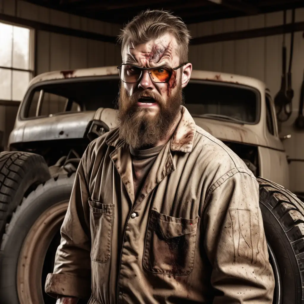 Scary, angry hillbilly mechanic wearing cracked glasses. He has a beard, and carries a rusty tire iron. He wears tan coveralls with blood and motor oil stains.