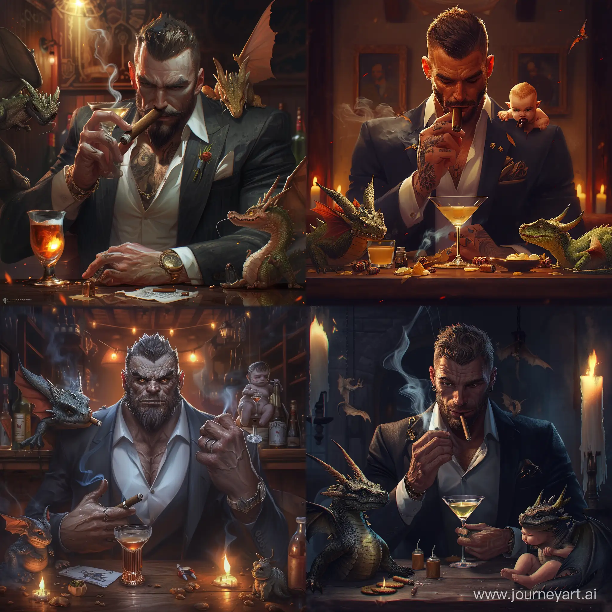 a rough muscular male,wearing  business suit,smoking cigar,drinking Martini,tavern_scene,few cute dragon baby  around him,
(masterpiece:1,2),best quality,masterpiece,highres,original,extremely,
detailedwallpaper,perfectlighting,(extremelydetailedCG:1.2),