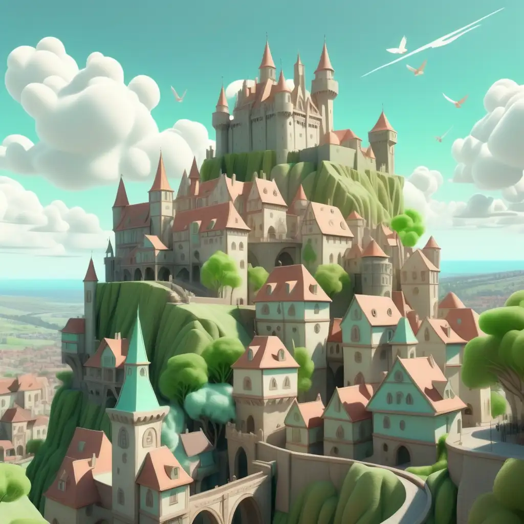 a fantasy town with a castle on the hilltop, in the style of ray tracing, soft and dreamy depictions, en plein air, light-filled scenes, pigeoncore, detailed character design, light cyan and green --ar 16:9 --v 5