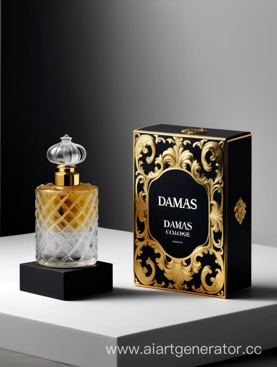 a bottle of damas cologne sitting next to a dark White box,with golden lines a Baroque dynamic luxurious composition, feminine
flemish Baroque