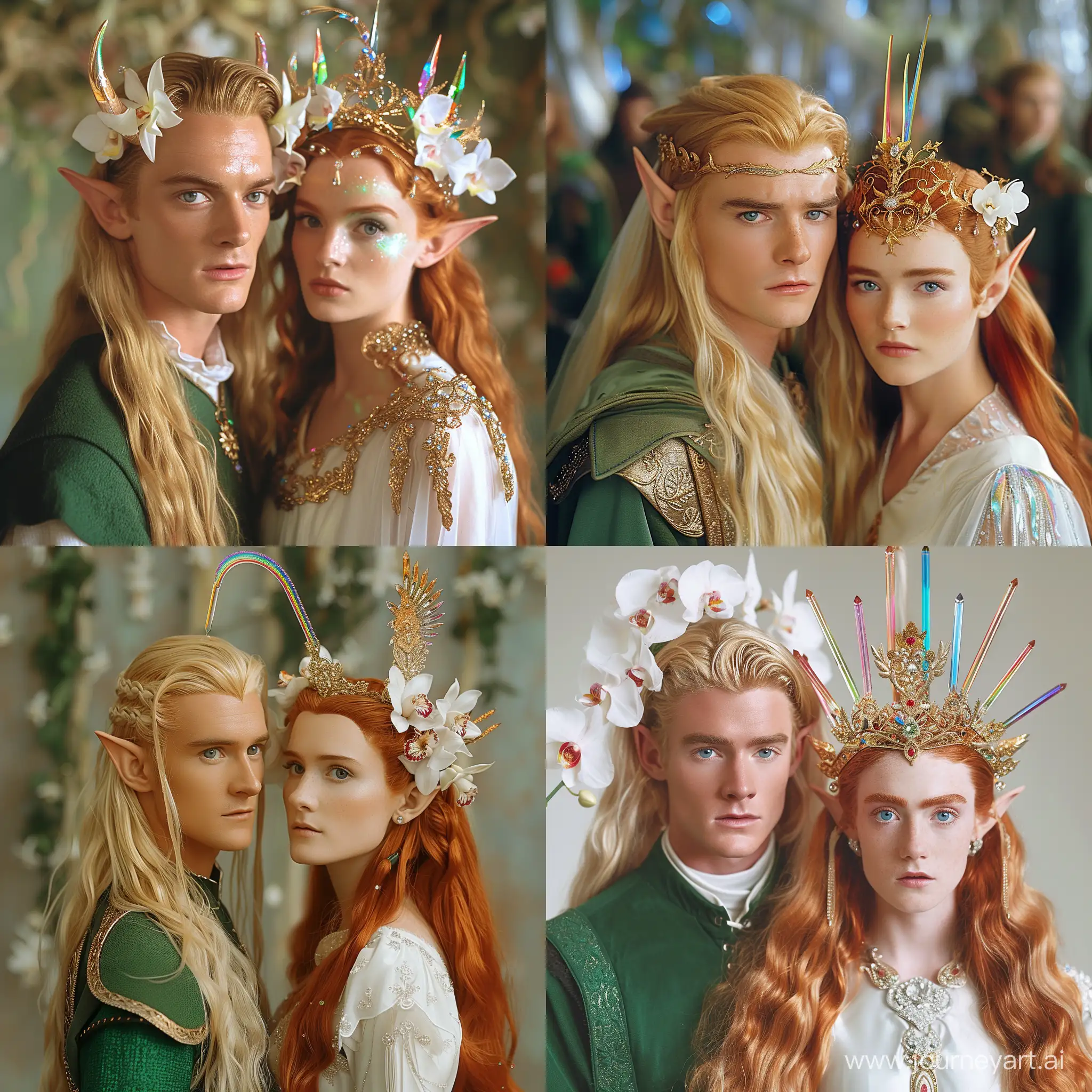 The wedding of Prince Legolas look like Orlando bloom in the lord of the rings, with blond long hair and dressed in a green similar tunic and a red-haired blue-eyed princess of the elven forest palace. The princess is wearing a white dress decorated with orchid flowers. The princess wears a golden tiara with elongated rainbow crystals on her head