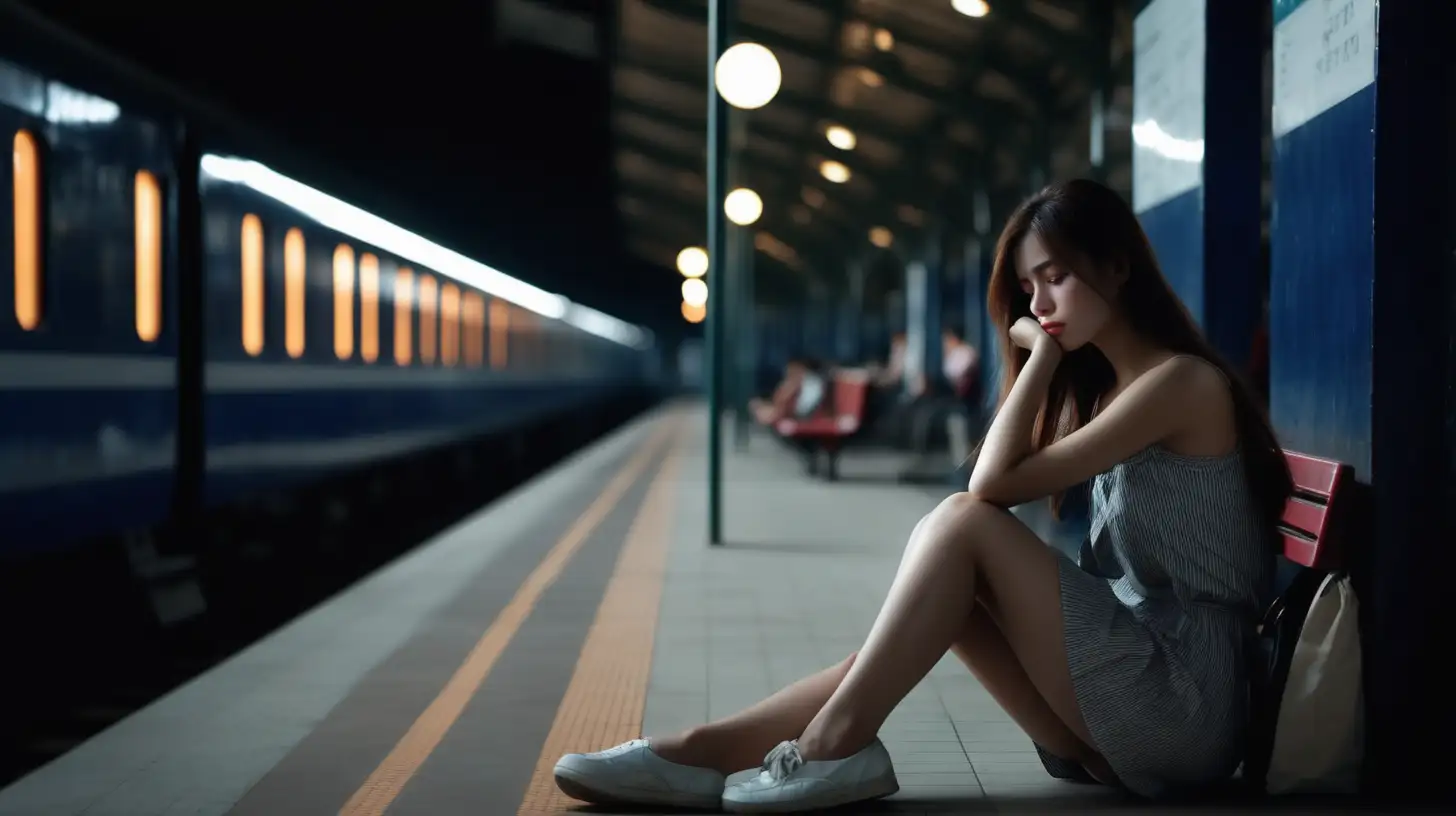 Lonely Beauty Sad Woman Sitting Alone at Train Station in Soft Darkness