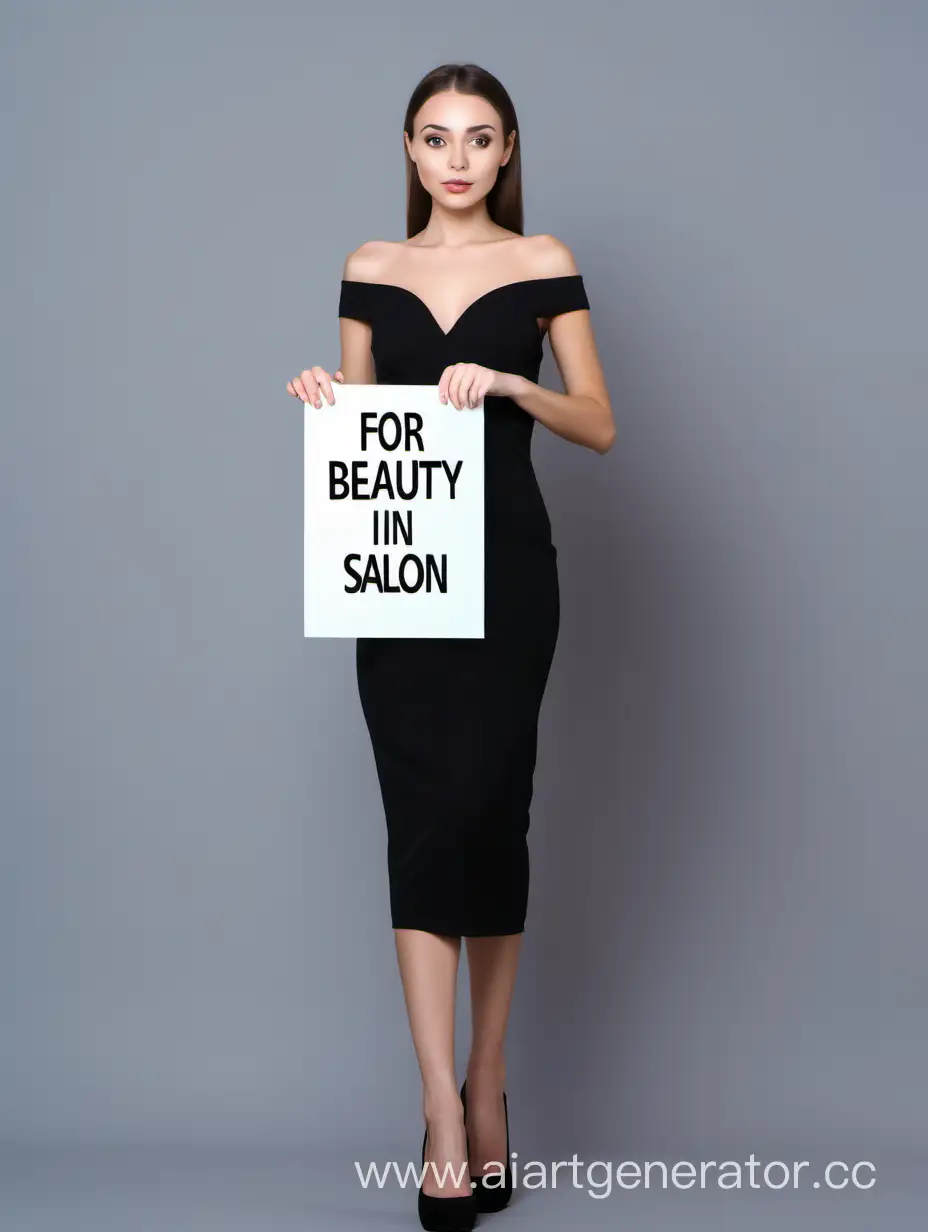 Красивая девушка стоит в полный рост в черном платье с небольшим плакатом в руках для салона красоты 