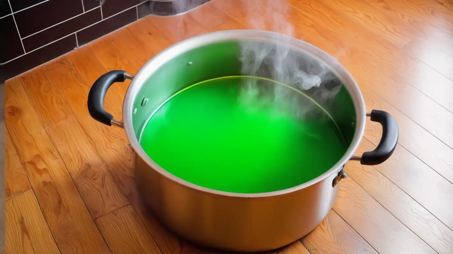 boiling pot with green liquid on wood floor.