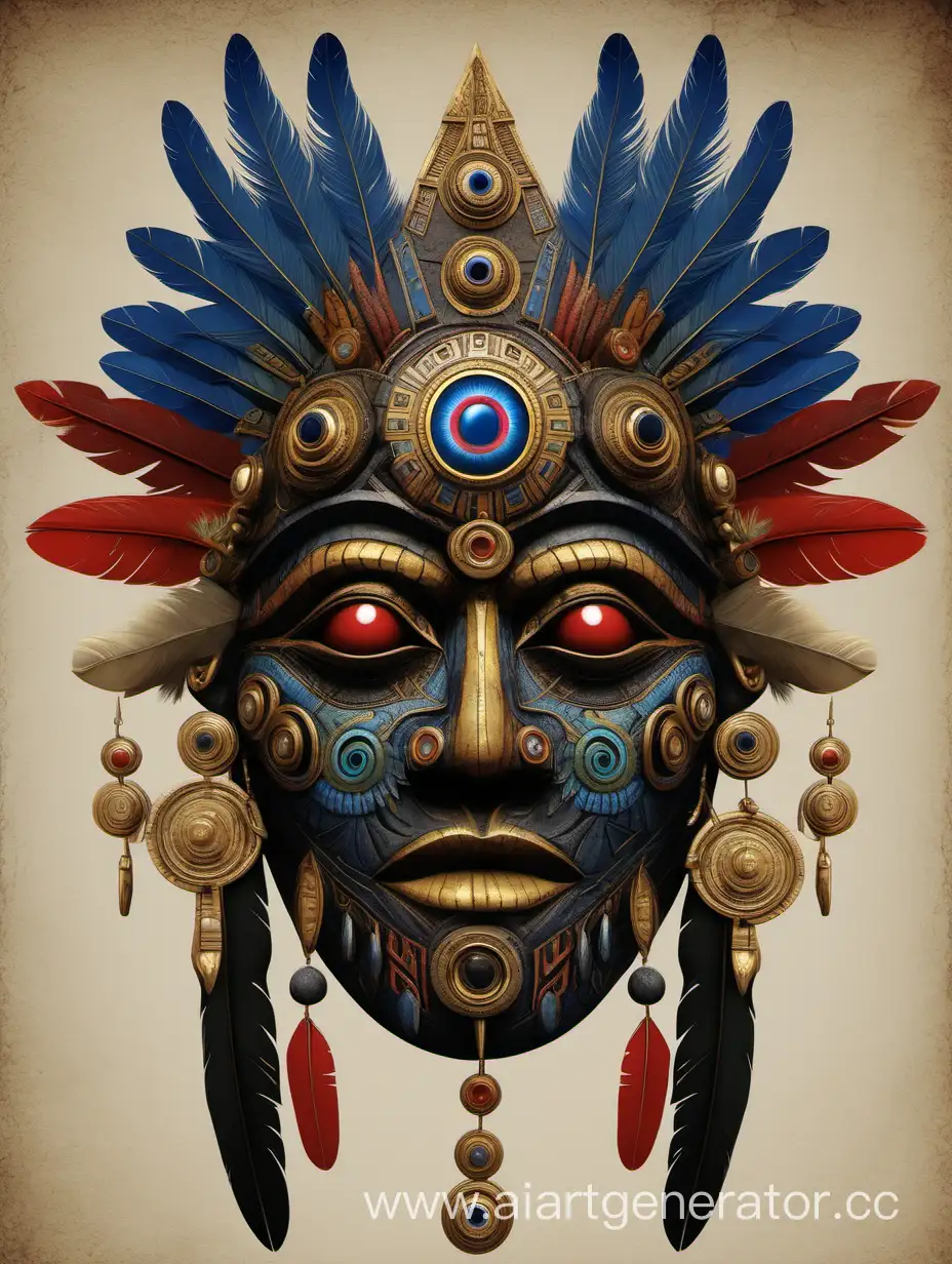 Маска шамана Всевидящее око, без перьев, с большим третьим глазом во лбу, экзотическая, со множеством деталей и фактур, в черном, красном , голубом, бежевом и золотом цветах.