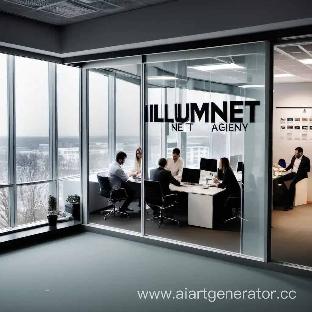 Стильный офис с панорамными окнами новостного агенства с людьми и вывеска на стене с названием агенства IllumeNet