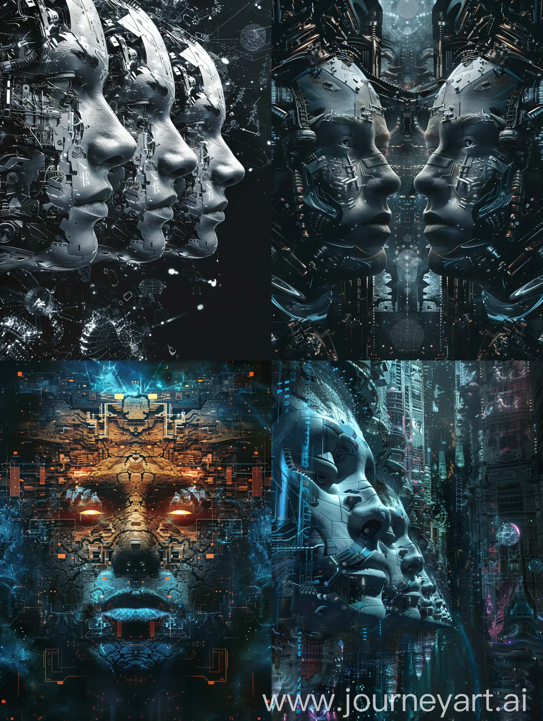 Dark colors Kingdom faces with hyper realistic machines, fractals , abstract concept with background representing quantum mechanics, machine learning, future of mankind.