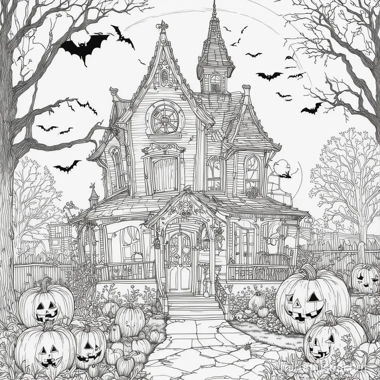 Spooky Halloween Coloring Page with Witches and Pumpkins