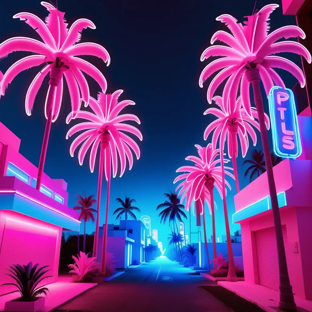 pink and blue neon lights with palm trees and city 